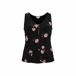 Lavish Floral Zip Front Sleeveless Blouse 1XL Black Polka Dot Top